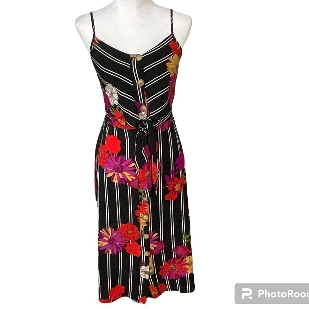 Mlle Gabrielle Womens Floral Dress Black Red Striped Summer Fit Flare Sz…